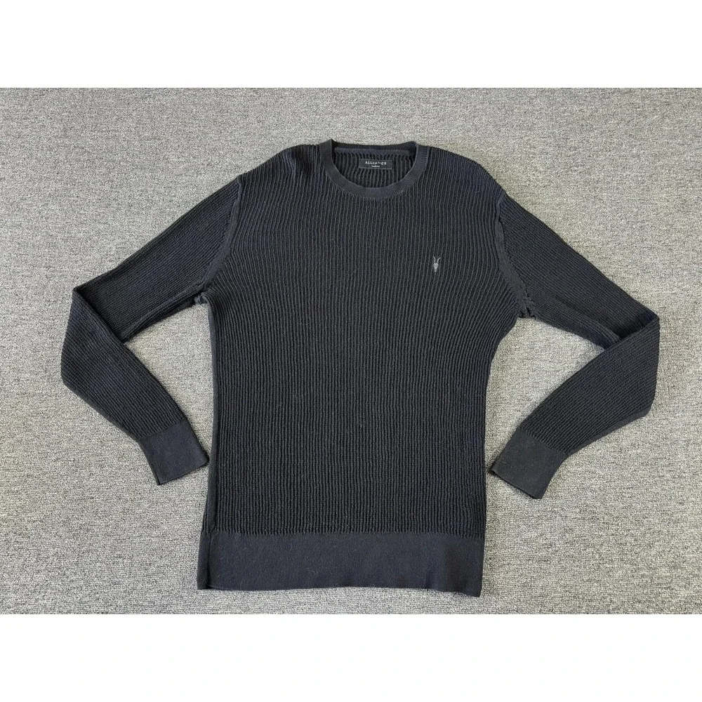 AllSaints‎ Sweater Mens Medium Black Cotton Ribbed Crewneck Knit Pullover